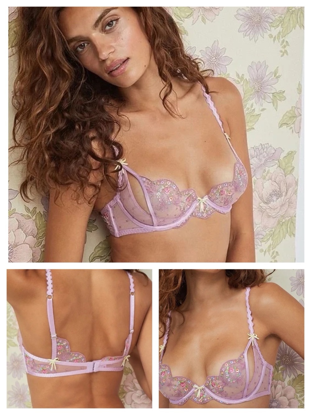 For Love & Lemons Daphne Sheer Mesh Embroidered Bra Orchid Pink Yellow Bow Large
